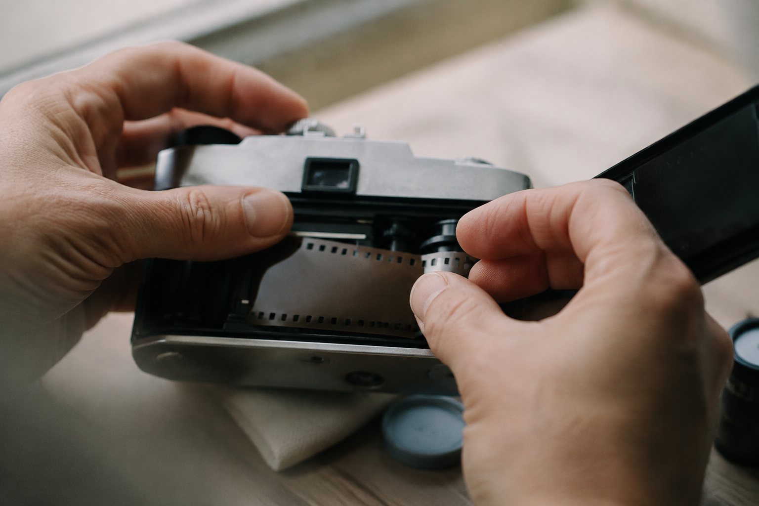 フィルムをカメラに装填する手元